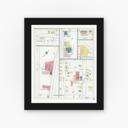 Old map wall art mockup — black gallery frame with white mat — Sanborn Fire Insurance Map from Burlington, Racine County, Wisconsin (1920), Sheet #0012