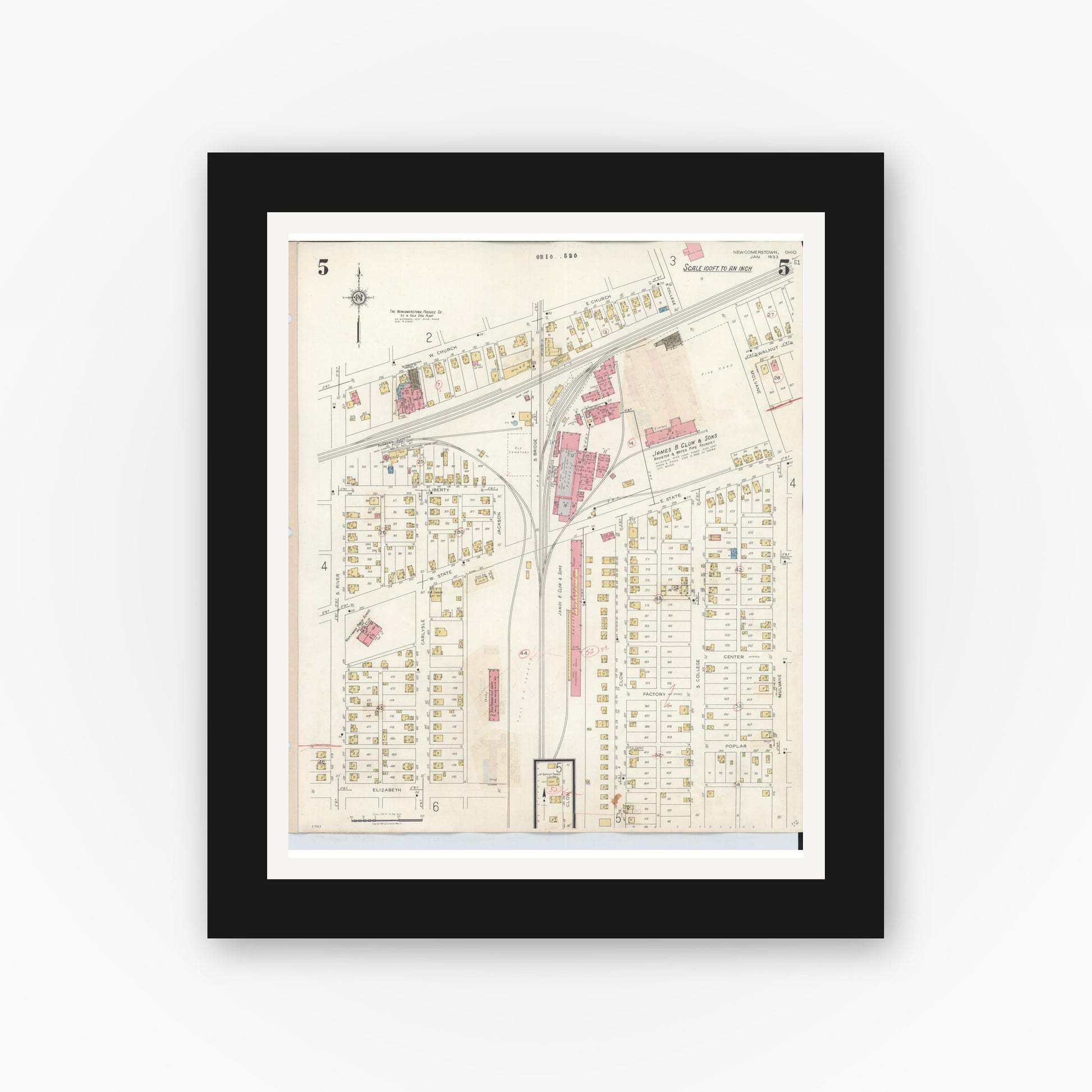 Old map wall art mockup — black gallery frame with white mat — Sanborn Fire Insurance Map from Newcomerstown, Tuscarawas County, Ohio (1933), Sheet #0005