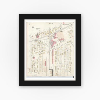 Old map wall art mockup — black gallery frame with white mat — Sanborn Fire Insurance Map from Newcomerstown, Tuscarawas County, Ohio (1933), Sheet #0005