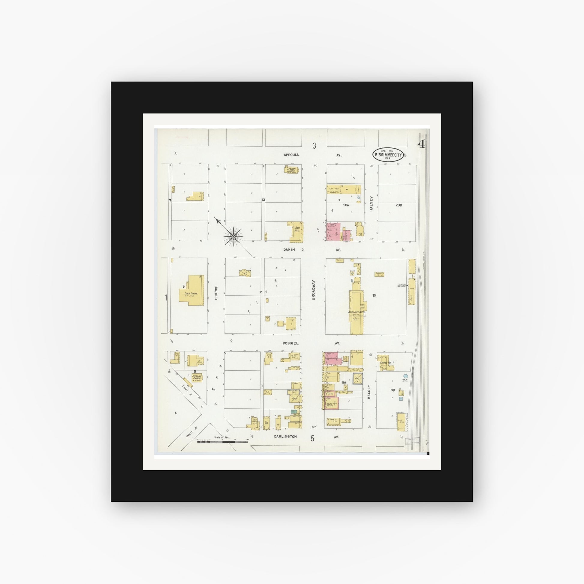 Old map wall art mockup — black gallery frame with white mat — Sanborn Fire Insurance Map from Kissimmee, Osceola County, Florida (1904), Sheet #0004
