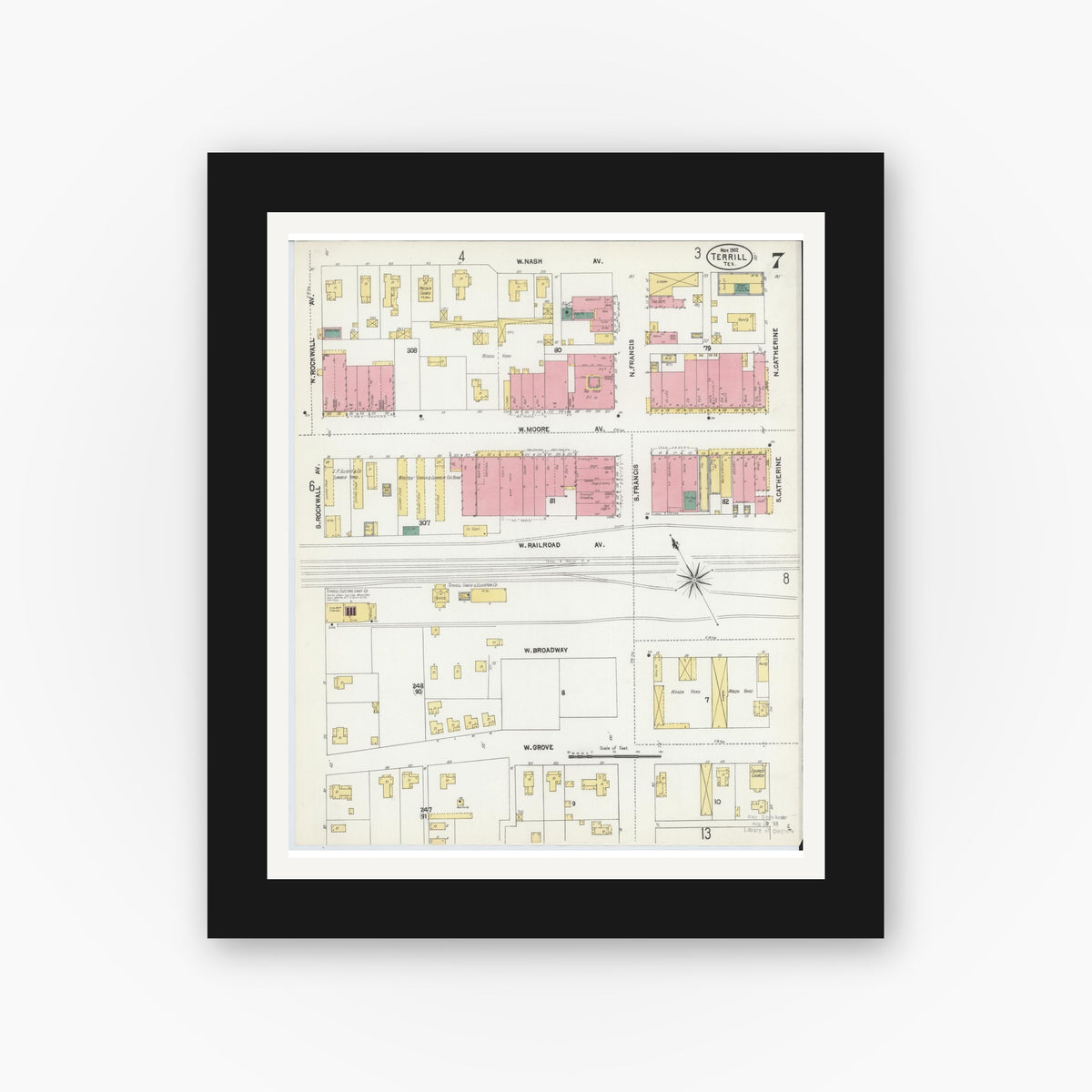 Old map wall art mockup — black gallery frame with white mat — Sanborn Fire Insurance Map from Terrell, Kaufman County, Texas (1902), Sheet #0007