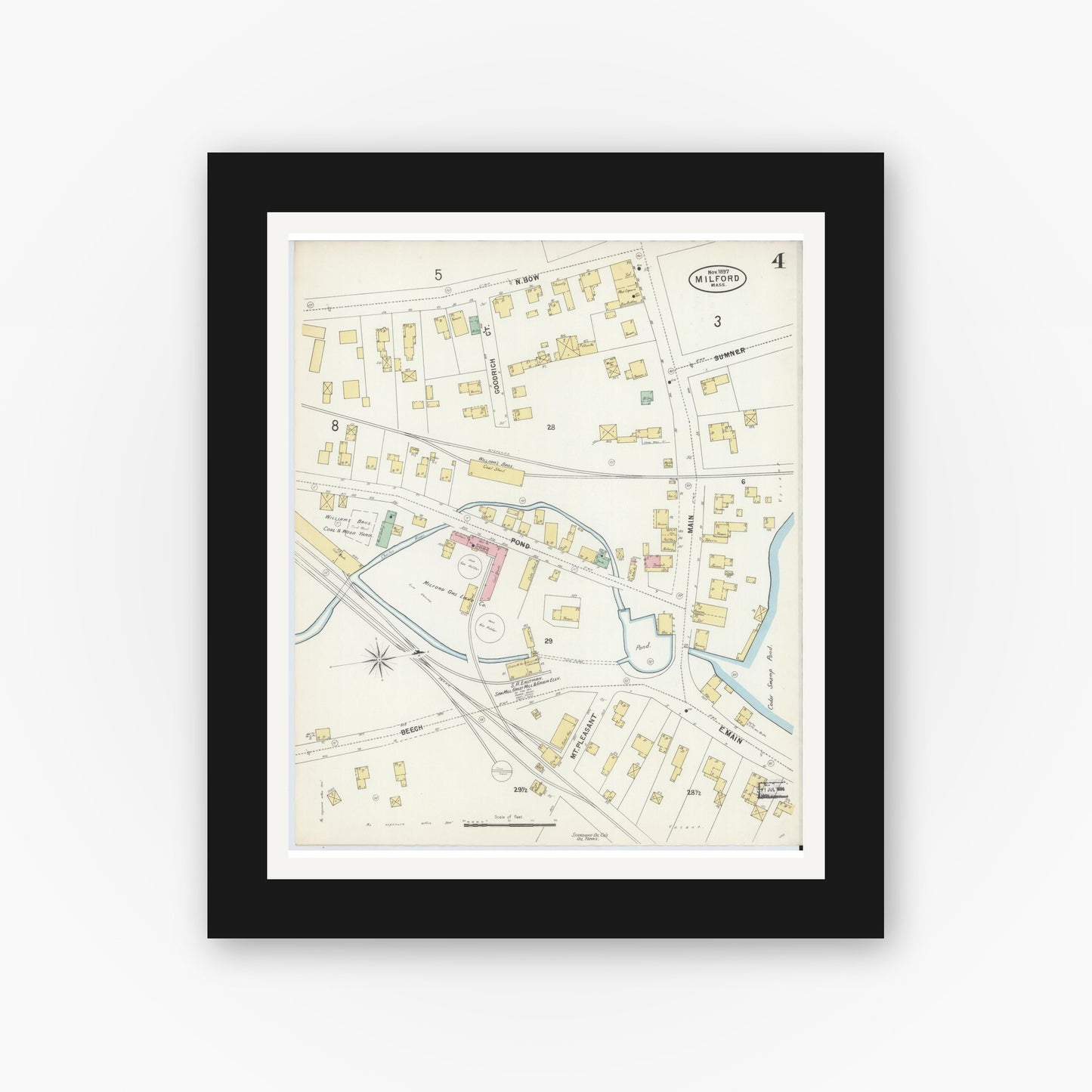 Old map wall art mockup — black gallery frame with white mat — Sanborn Fire Insurance Map from Milford, Worcester County, Massachusetts (1897), Sheet #0004