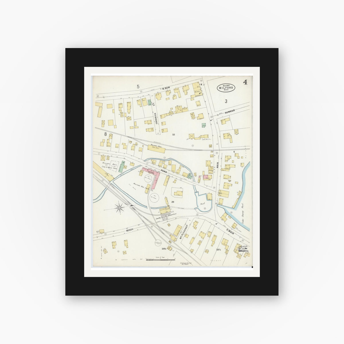 Old map wall art mockup — black gallery frame with white mat — Sanborn Fire Insurance Map from Milford, Worcester County, Massachusetts (1897), Sheet #0004
