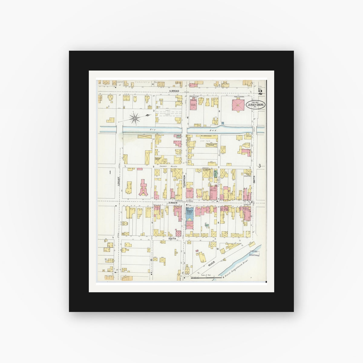 Old map wall art mockup — black gallery frame with white mat — Sanborn Fire Insurance Map from Jersey Shore, Lycoming County, Pennsylvania (1901), Sheet #0002
