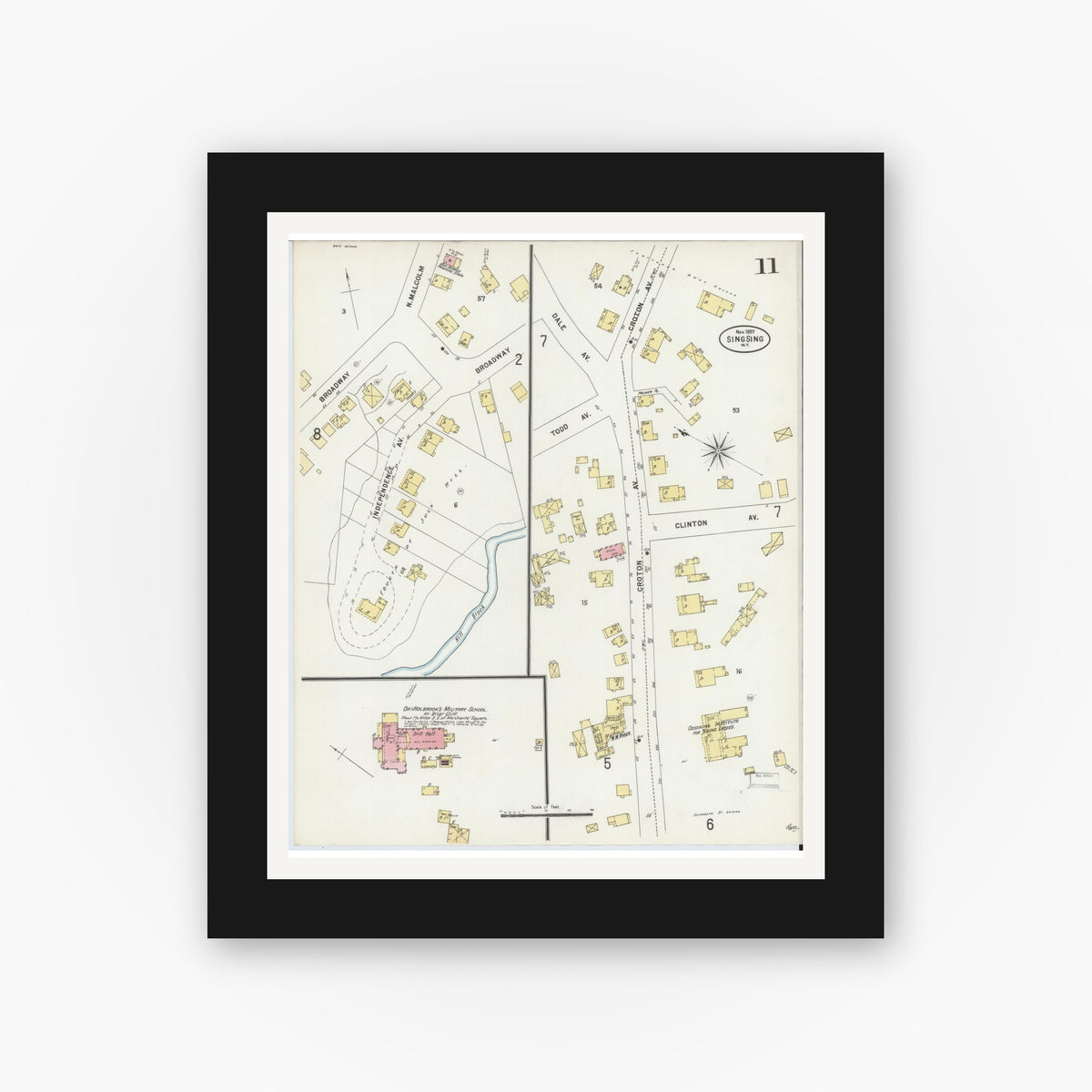 Old map wall art mockup — black gallery frame with white mat — Sanborn Fire Insurance Map from Sing Sing, Westchester County, New York (1897), Sheet #0011