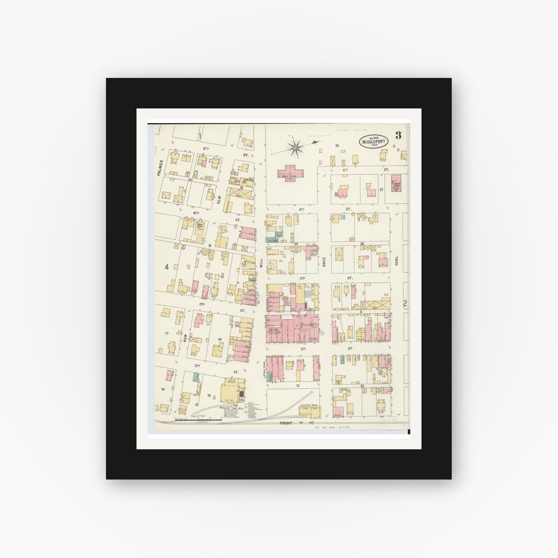 Old map wall art mockup — black gallery frame with white mat — Sanborn Fire Insurance Map from Middleport, Meigs County, Ohio (1899), Sheet #0003