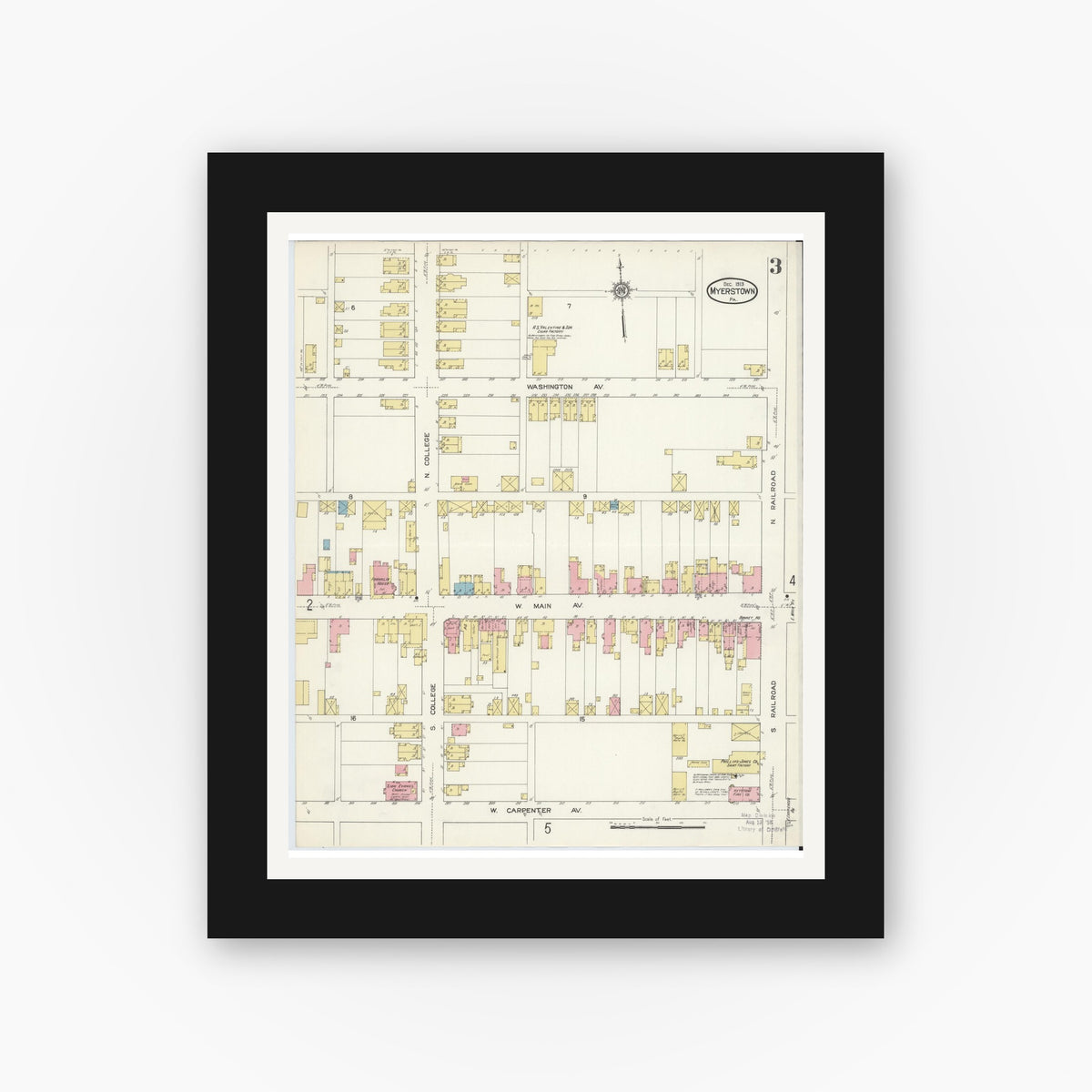 Old map wall art mockup — black gallery frame with white mat — Sanborn Fire Insurance Map from Myerstown, Lebanon County, Pennsylvania (1913), Sheet #0003