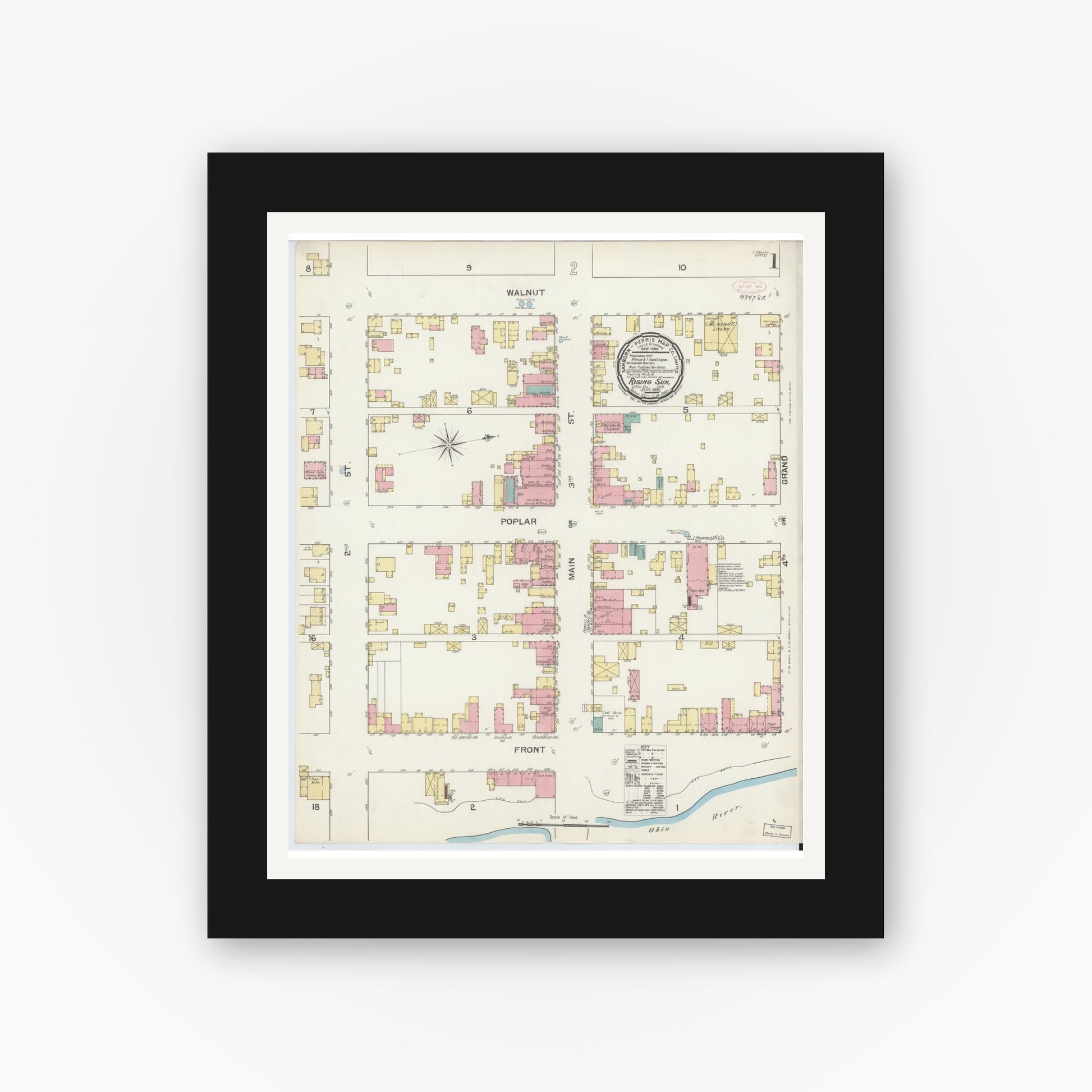 Old map wall art mockup — black gallery frame with white mat — Sanborn Fire Insurance Map from Rising Sun, Ohio County, Indiana (1892) - Complete Map Set