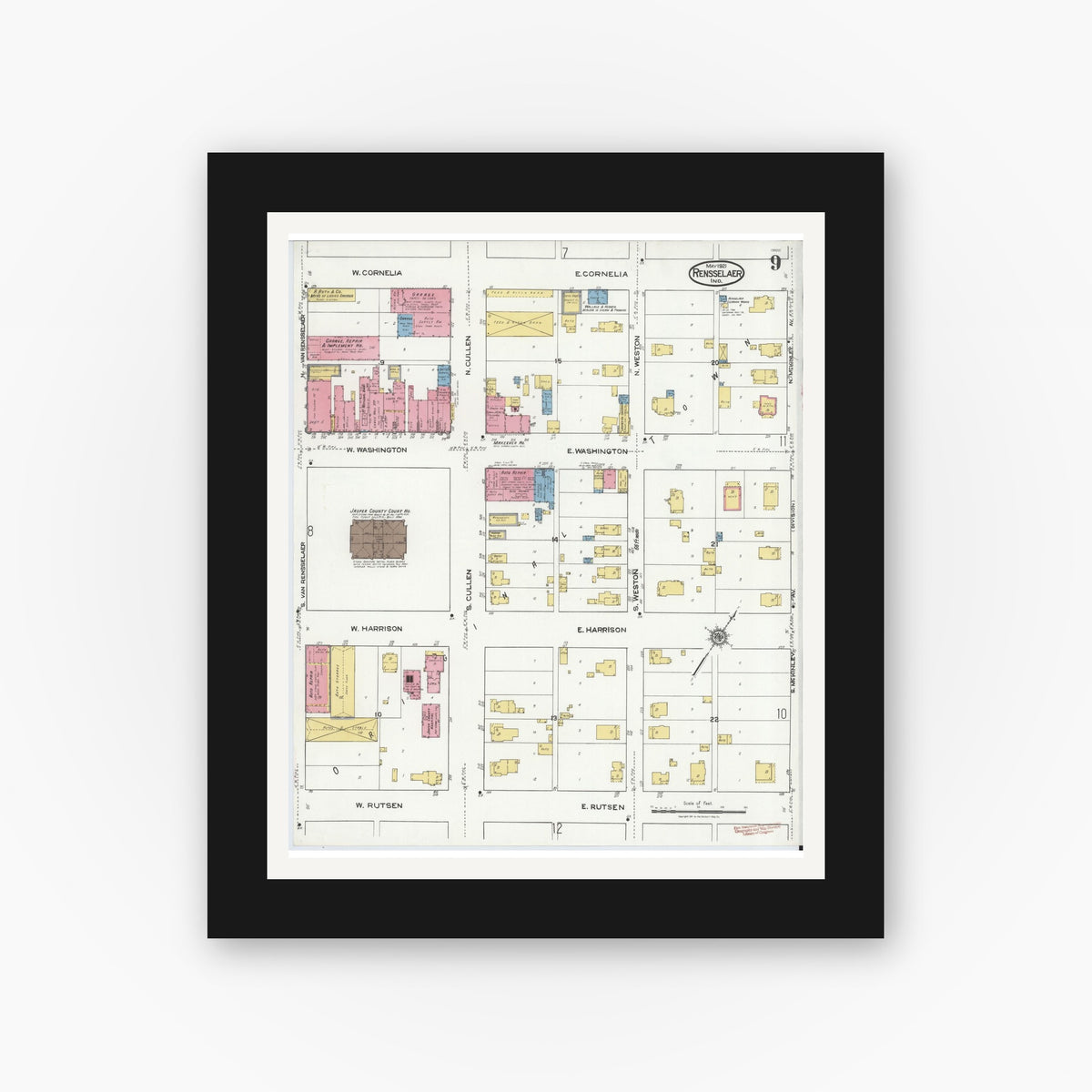 Old map wall art mockup — black gallery frame with white mat — Sanborn Fire Insurance Map from Rensselaer, Jasper County, Indiana (1921), Sheet #0009