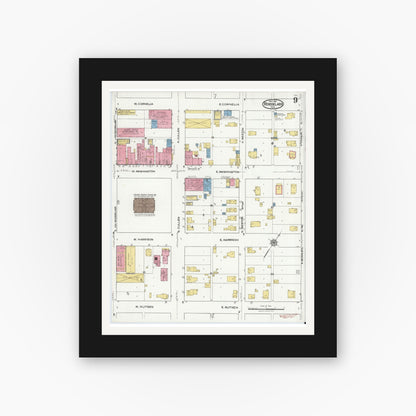 Old map wall art mockup — black gallery frame with white mat — Sanborn Fire Insurance Map from Rensselaer, Jasper County, Indiana (1921), Sheet #0009