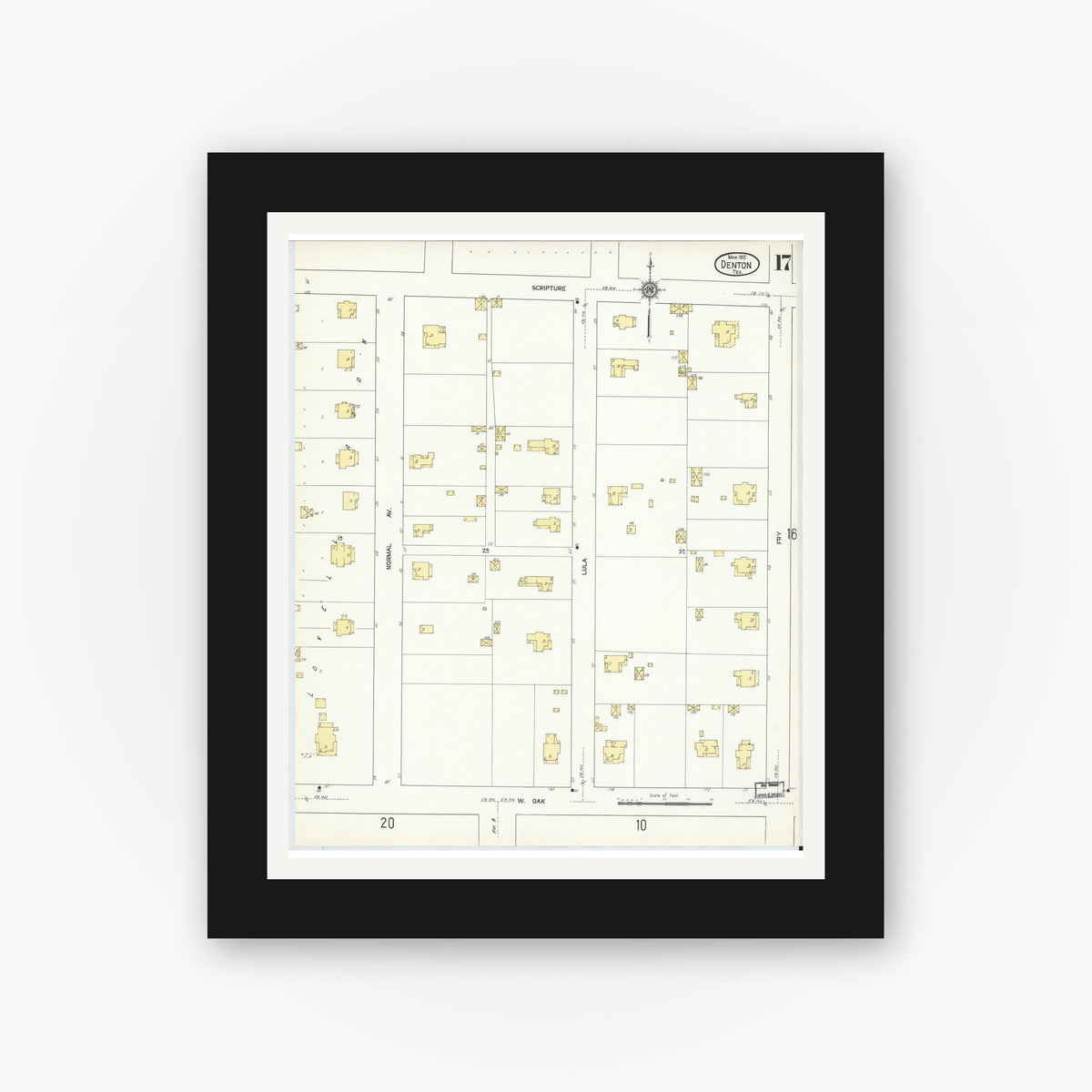 Old map wall art mockup — black gallery frame with white mat — Sanborn Fire Insurance Map from Denton, Denton County, Texas (1912), Sheet #0017