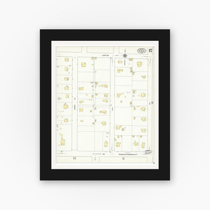 Old map wall art mockup — black gallery frame with white mat — Sanborn Fire Insurance Map from Denton, Denton County, Texas (1912), Sheet #0017