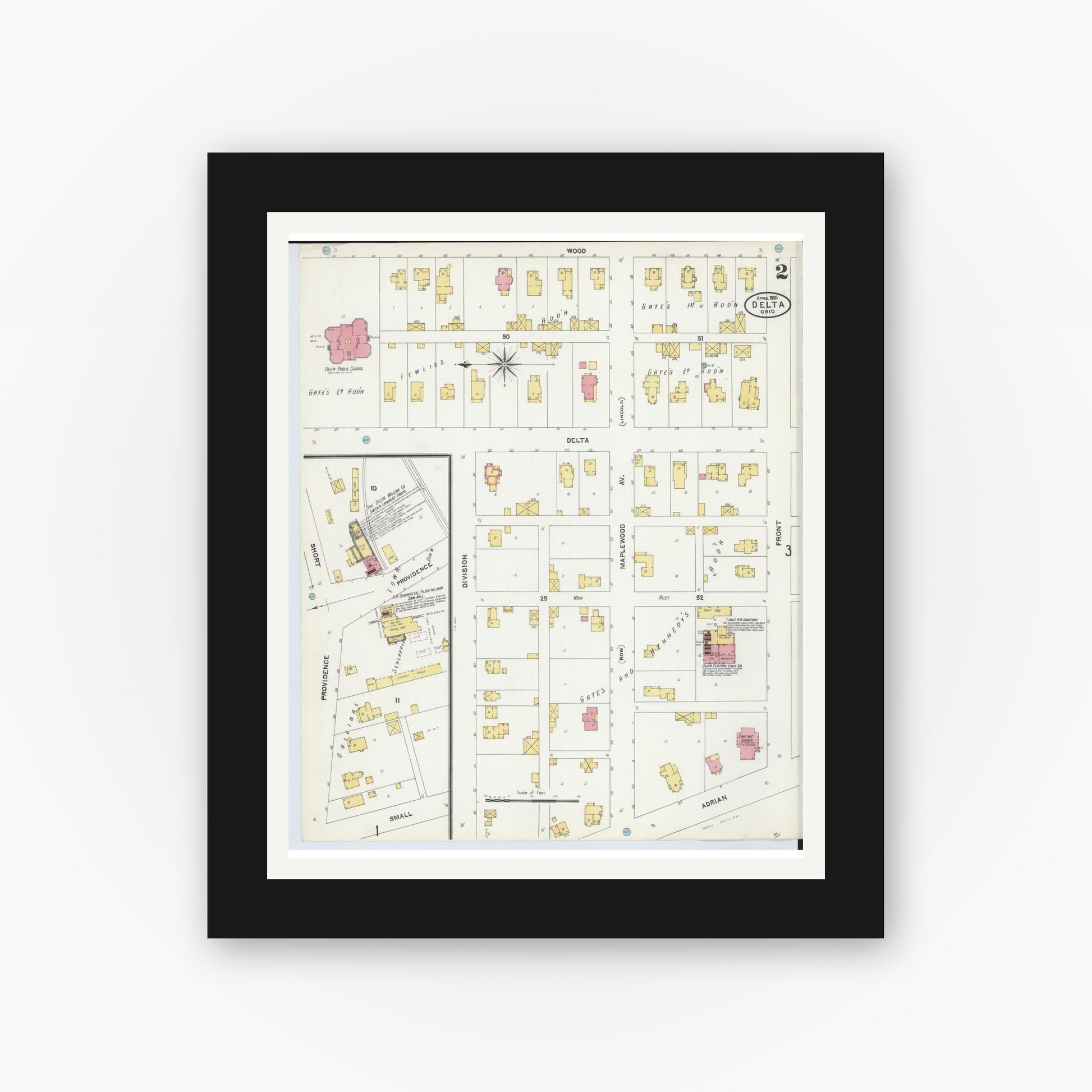Old map wall art mockup — black gallery frame with white mat — Sanborn Fire Insurance Map from Delta, Fulton County, Ohio (1905), Sheet #0002
