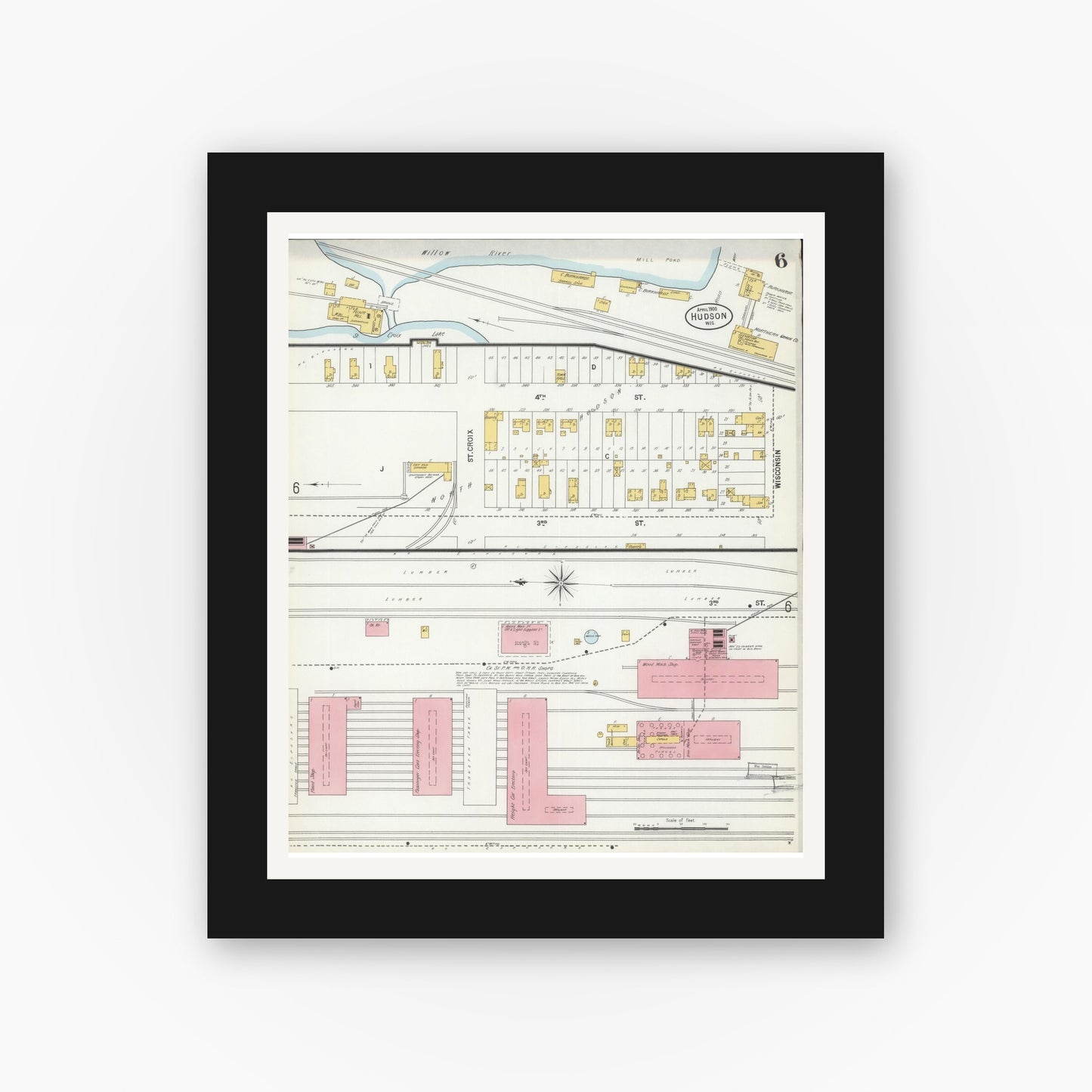 Old map wall art mockup — black gallery frame with white mat — Sanborn Fire Insurance Map from Hudson, St. Croix County, Wisconsin (1900), Sheet #0006