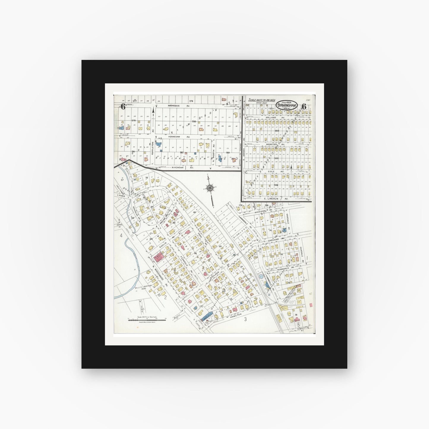 Old map wall art mockup — black gallery frame with white mat — Sanborn Fire Insurance Map from Birmingham, Oakland County, Michigan (1926), Sheet #0006