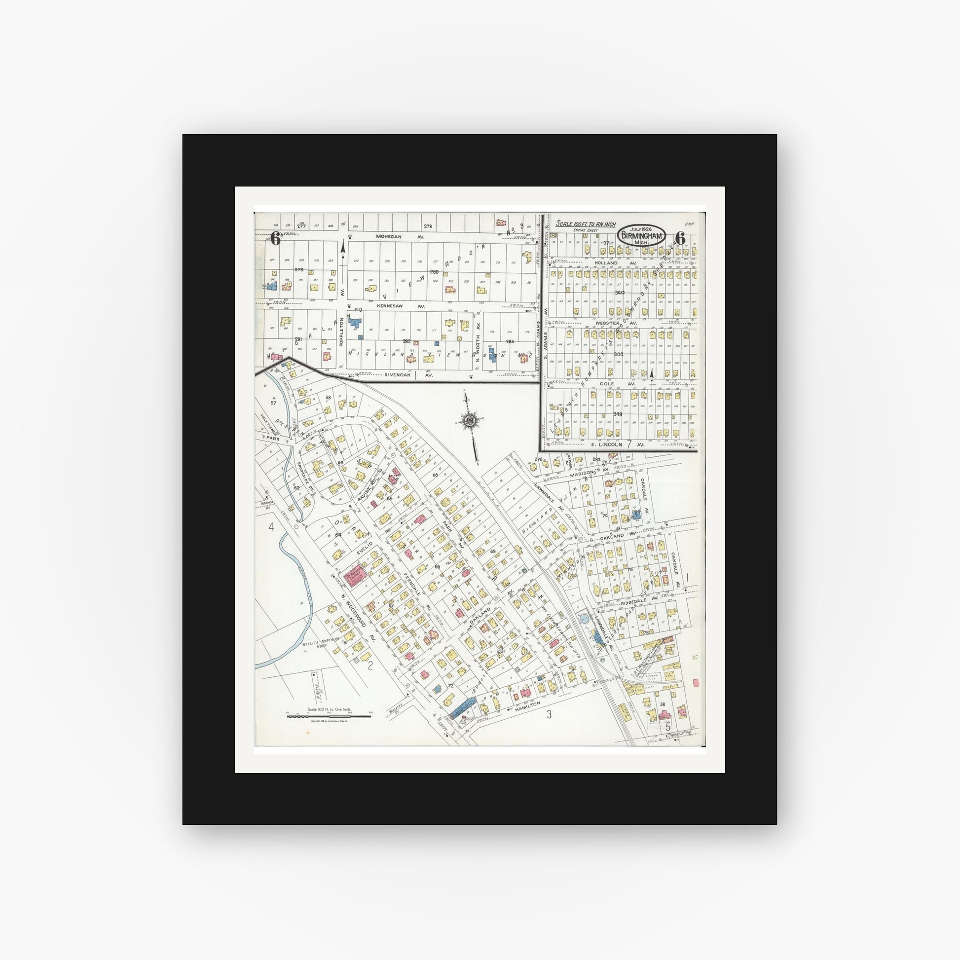 Old map wall art mockup — black gallery frame with white mat — Sanborn Fire Insurance Map from Birmingham, Oakland County, Michigan (1926), Sheet #0006