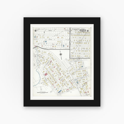 Old map wall art mockup — black gallery frame with white mat — Sanborn Fire Insurance Map from Birmingham, Oakland County, Michigan (1926), Sheet #0006