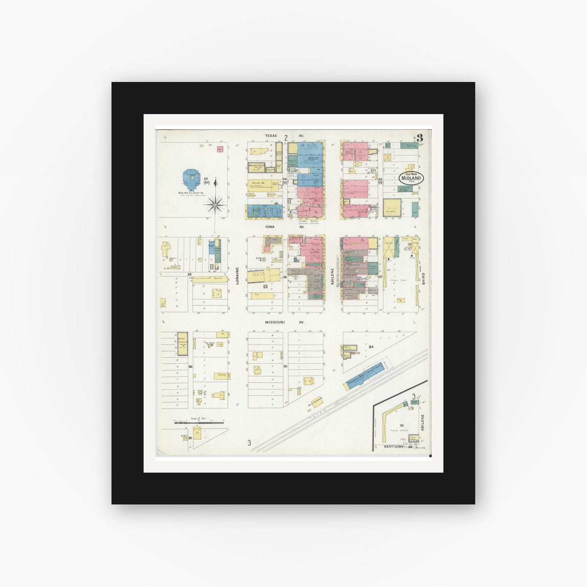 Old map wall art mockup — black gallery frame with white mat — Sanborn Fire Insurance Map from Midland, Midland County, Texas (1909), Sheet #0003