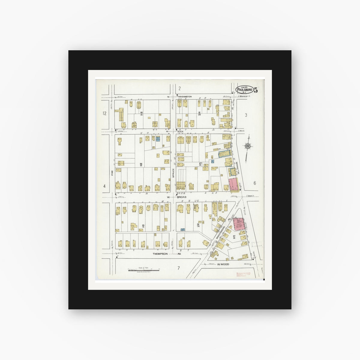 Old map wall art mockup — black gallery frame with white mat — Sanborn Fire Insurance Map from Paulsboro, Gloucester County, New Jersey (1920), Sheet #0005