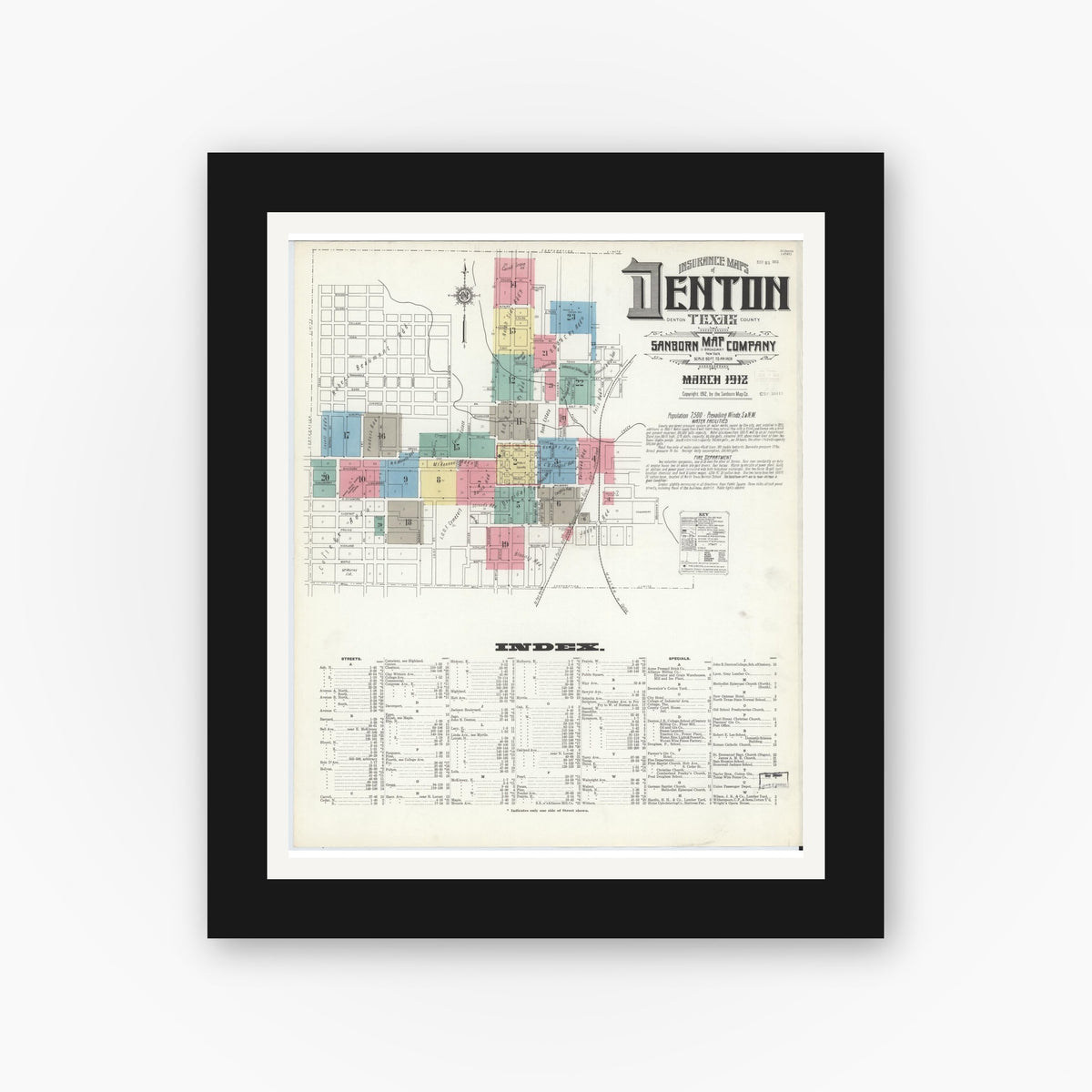 Old map wall art mockup — black gallery frame with white mat — Sanborn Fire Insurance Map from Denton, Denton County, Texas (1912), Sheet #0001