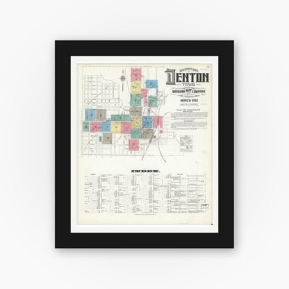 Old map wall art mockup — black gallery frame with white mat — Sanborn Fire Insurance Map from Denton, Denton County, Texas (1912), Sheet #0001