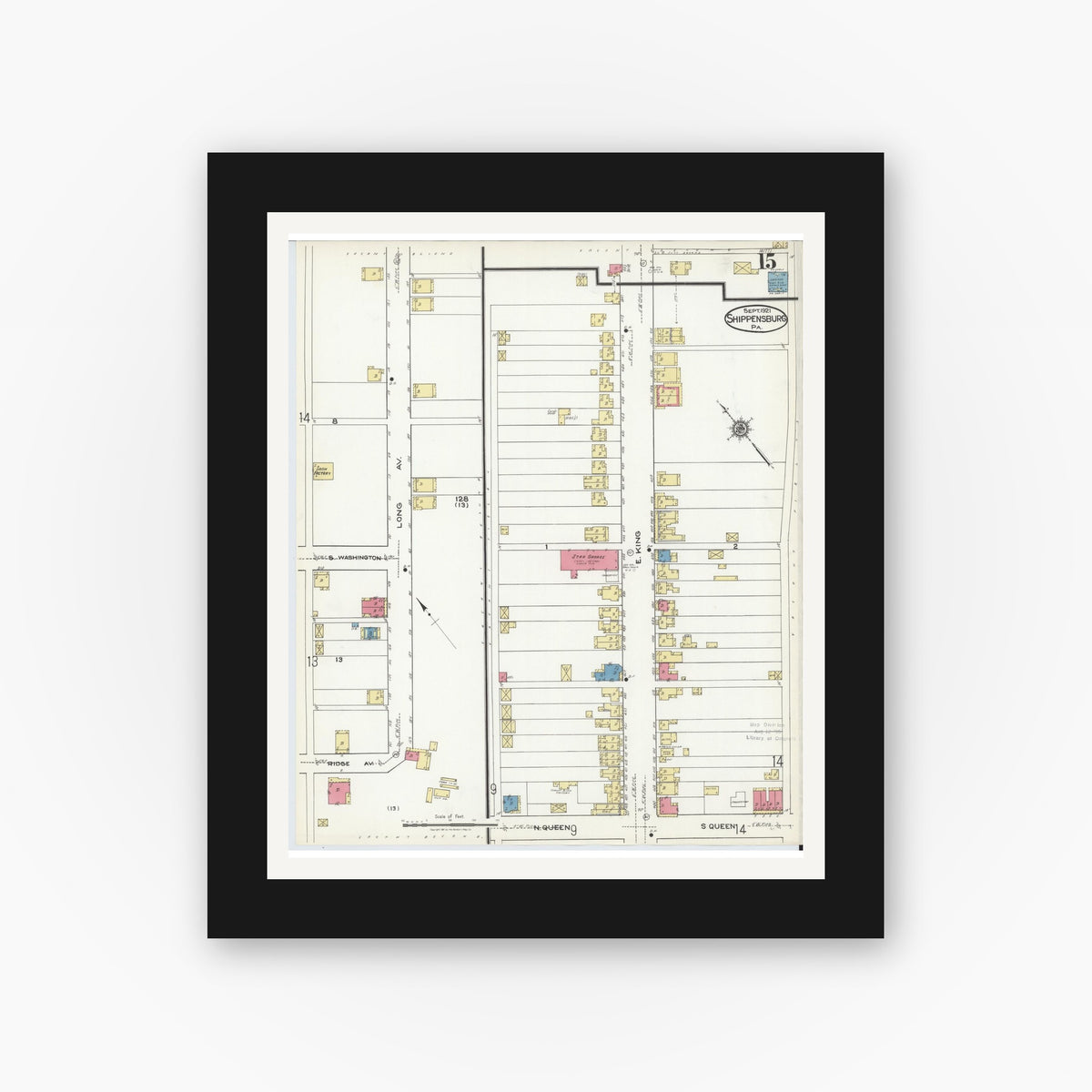 Old map wall art mockup — black gallery frame with white mat — Sanborn Fire Insurance Map from Shippensburg, Cumberland And Franklin Counties, Pennsylvania (1921), Sheet #0015