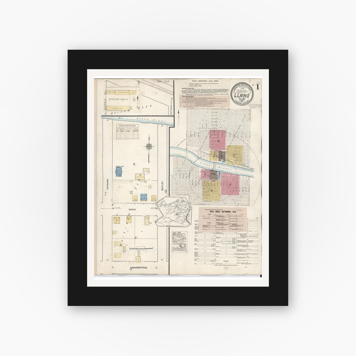 Old map wall art mockup — black gallery frame with white mat — Sanborn Fire Insurance Map from Llano, Llano County, Texas (1942), Sheet #0001