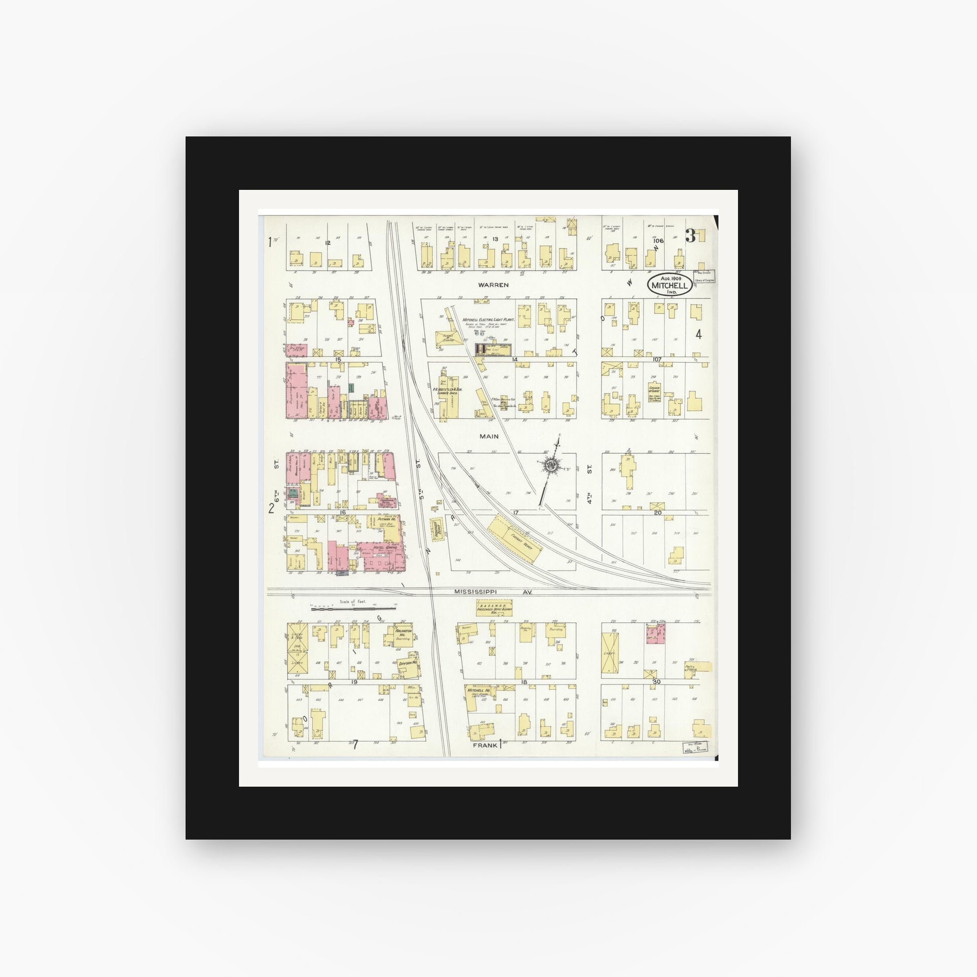 Old map wall art mockup — black gallery frame with white mat — Sanborn Fire Insurance Map from Mitchell, Lawrence County, Indiana (1909), Sheet #0003