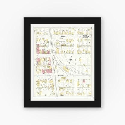 Old map wall art mockup — black gallery frame with white mat — Sanborn Fire Insurance Map from Mitchell, Lawrence County, Indiana (1909), Sheet #0003