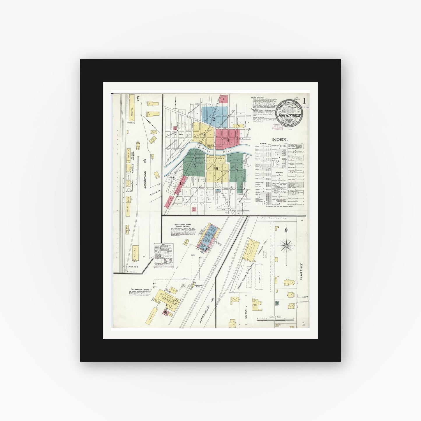 Old map wall art mockup — black gallery frame with white mat — Sanborn Fire Insurance Map from Fort Atkinson, Jefferson County, Wisconsin (1909) - Complete Map Set