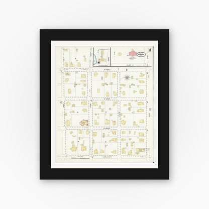 Old map wall art mockup — black gallery frame with white mat — Sanborn Fire Insurance Map from Bonham, Fannin County, Texas (1909), Sheet #0011