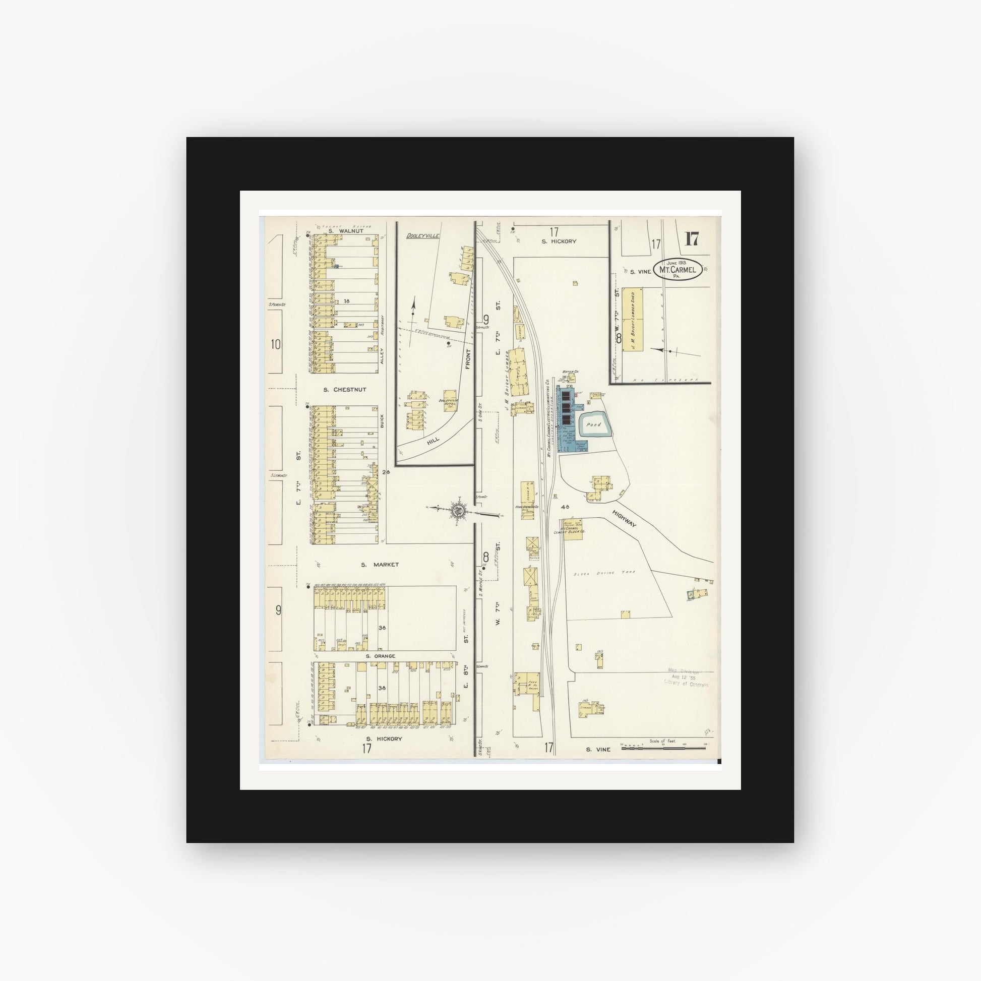 Old map wall art mockup — black gallery frame with white mat — Sanborn Fire Insurance Map from Mount Carmel, Northumberland County, Pennsylvania (1913), Sheet #0017