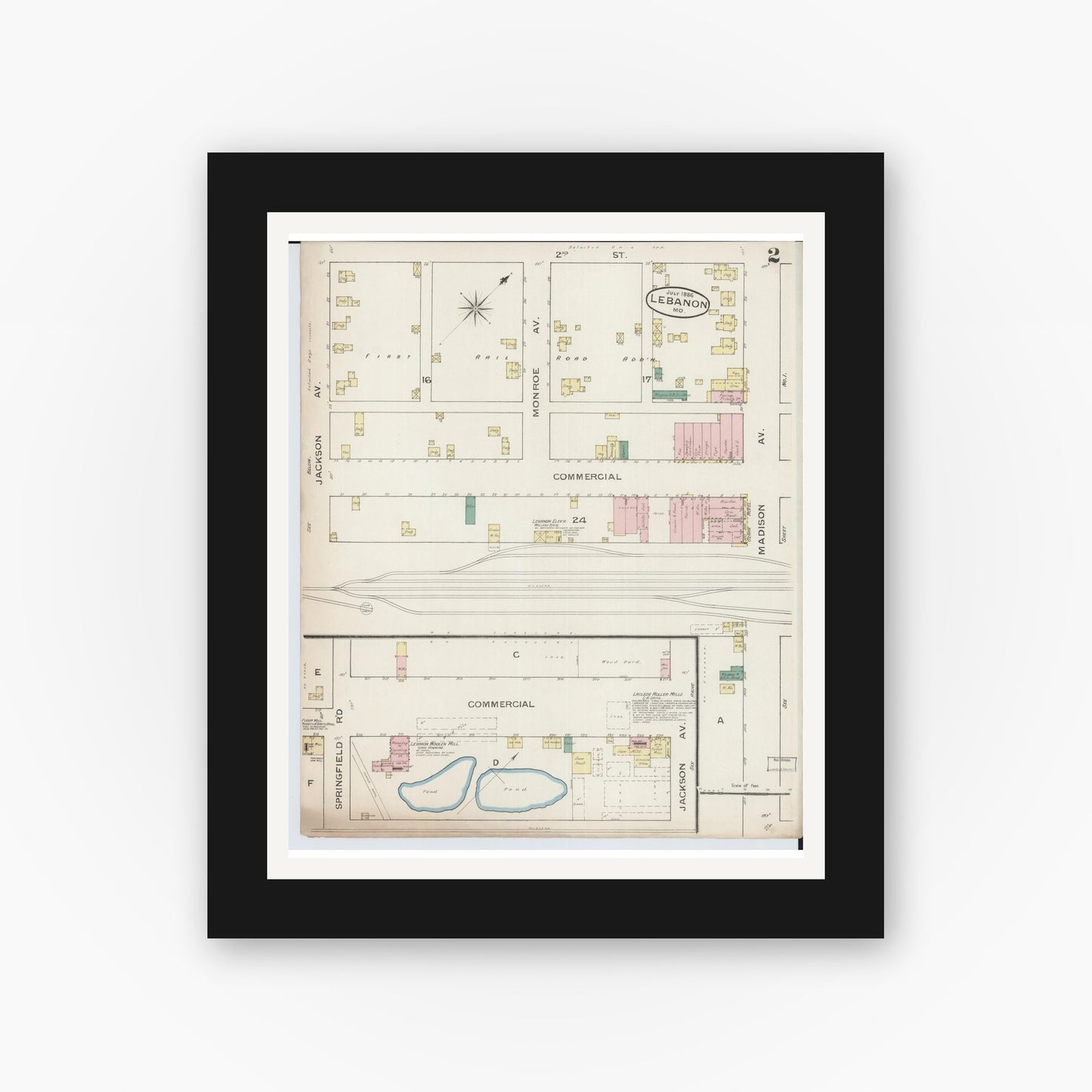 Old map wall art mockup — black gallery frame with white mat — Sanborn Fire Insurance Map from Lebanon, Laclede County, Missouri (1886), Sheet #0002