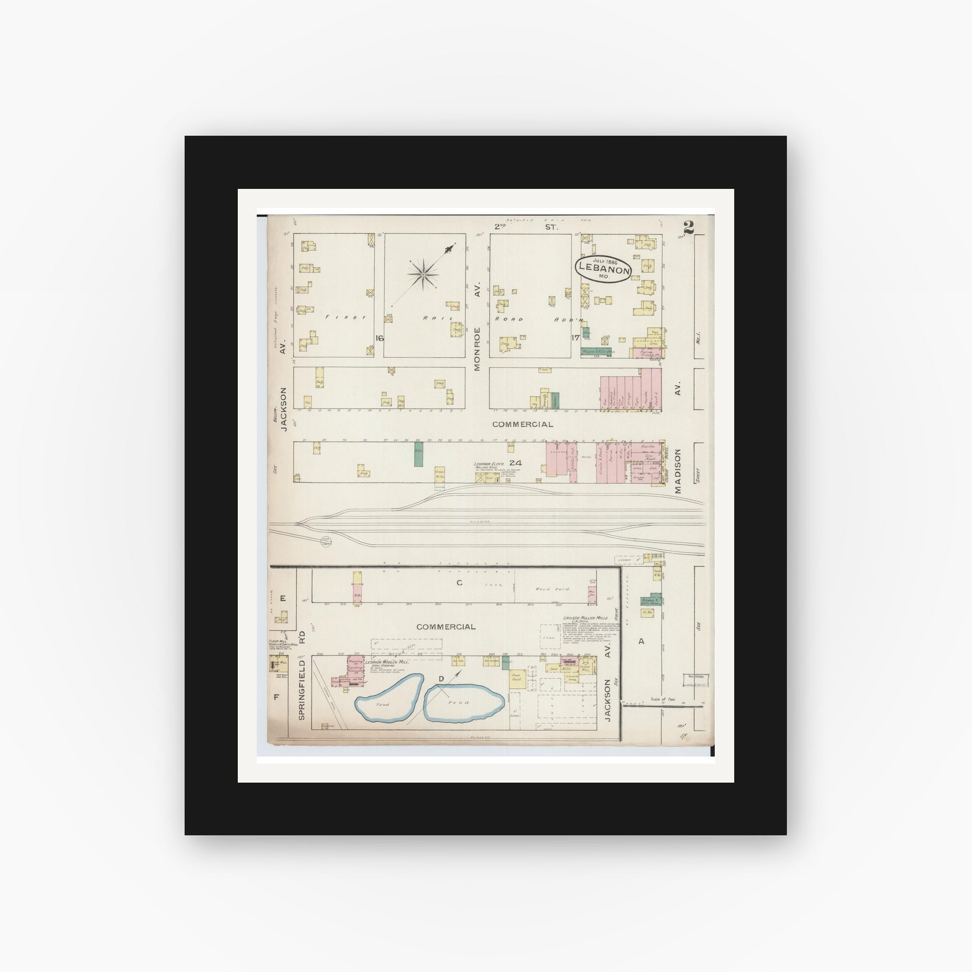 Old map wall art mockup — black gallery frame with white mat — Sanborn Fire Insurance Map from Lebanon, Laclede County, Missouri (1886), Sheet #0002
