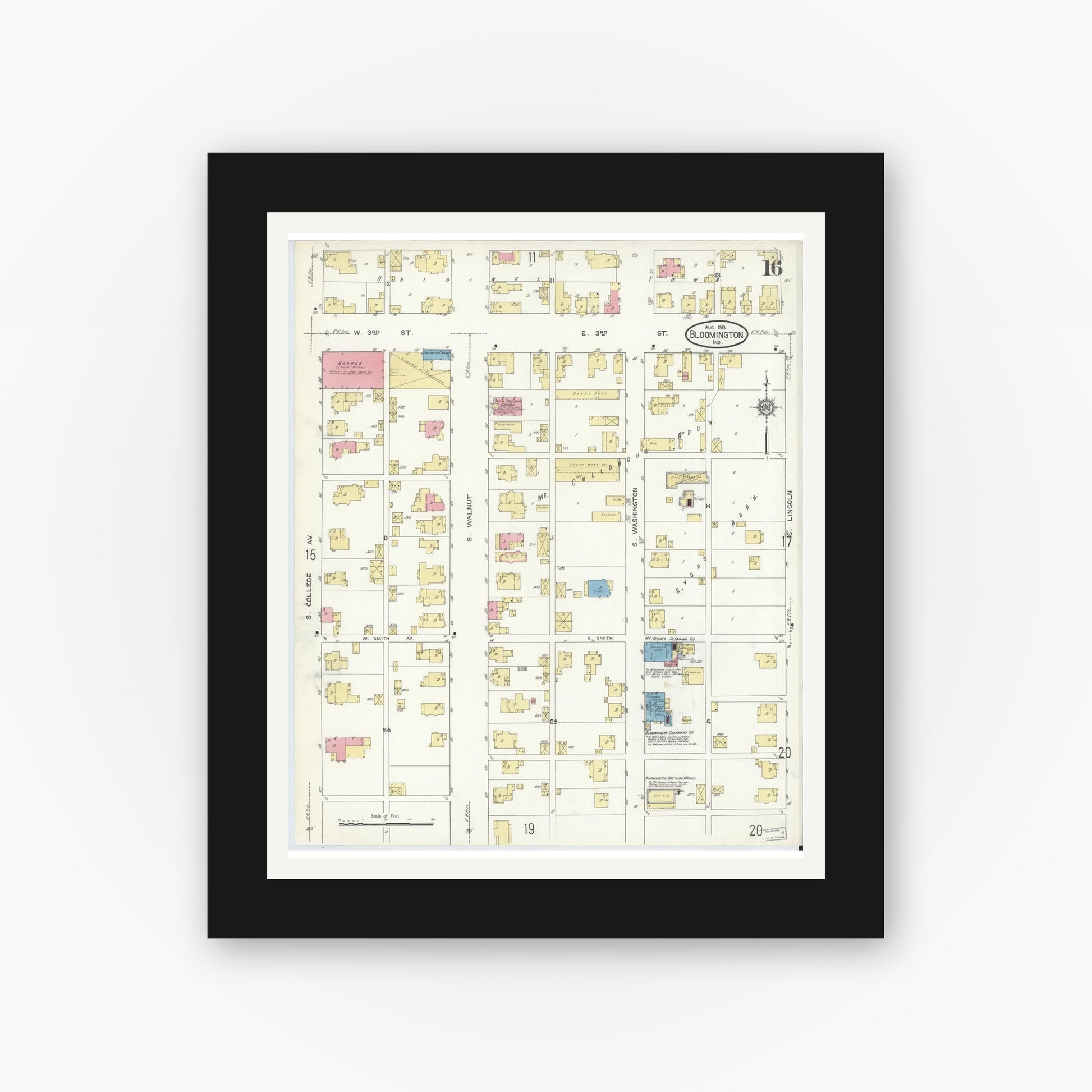 Old map wall art mockup — black gallery frame with white mat — Sanborn Fire Insurance Map from Bloomington, Monroe County, Indiana (1913), Sheet #0016