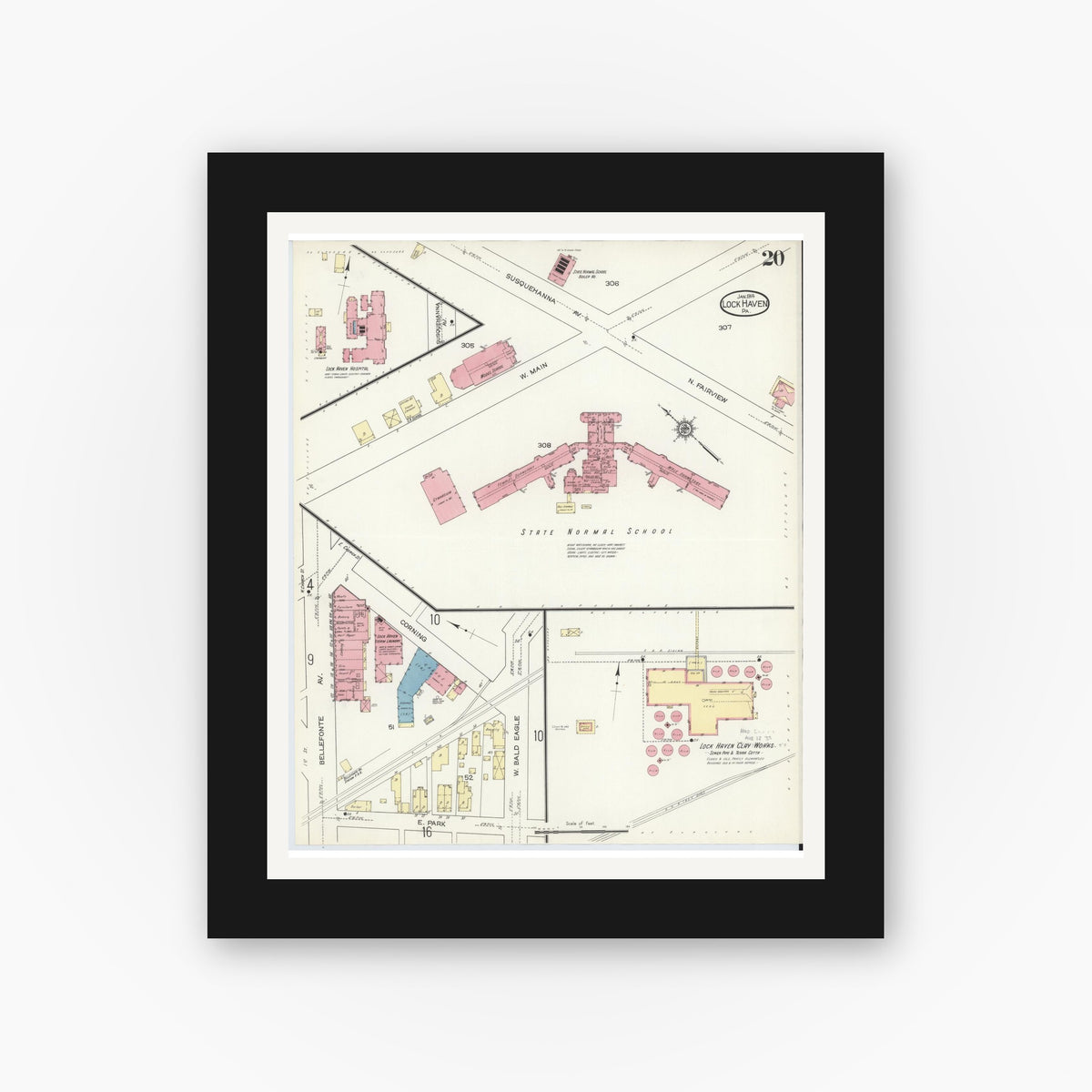 Old map wall art mockup — black gallery frame with white mat — Sanborn Fire Insurance Map from Lock Haven, Clinton County, Pennsylvania (1914), Sheet #0020