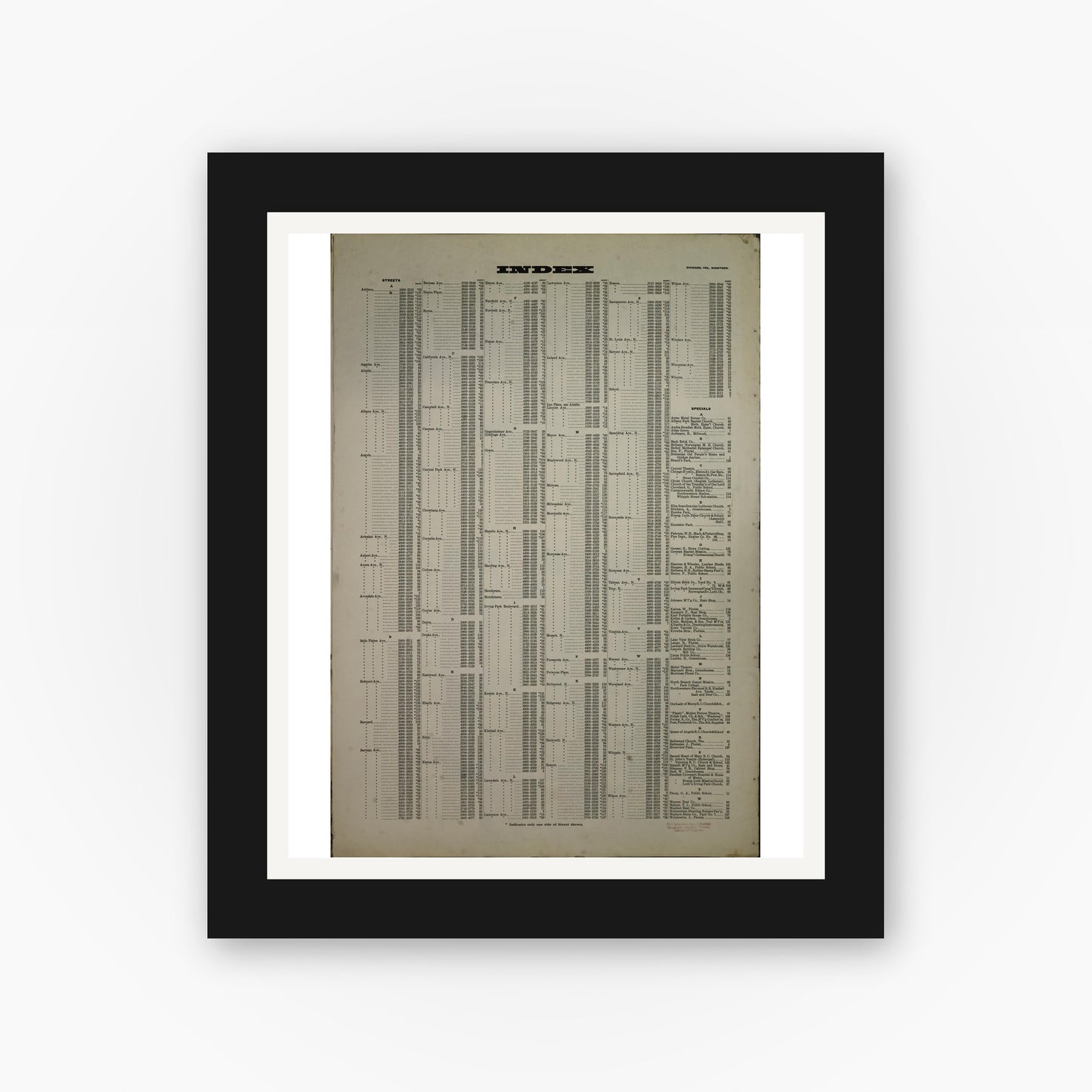 Old map wall art mockup — black gallery frame with white mat — Sanborn Fire Insurance Map from Chicago, Cook County, Illinois (1913), Sheet #0001