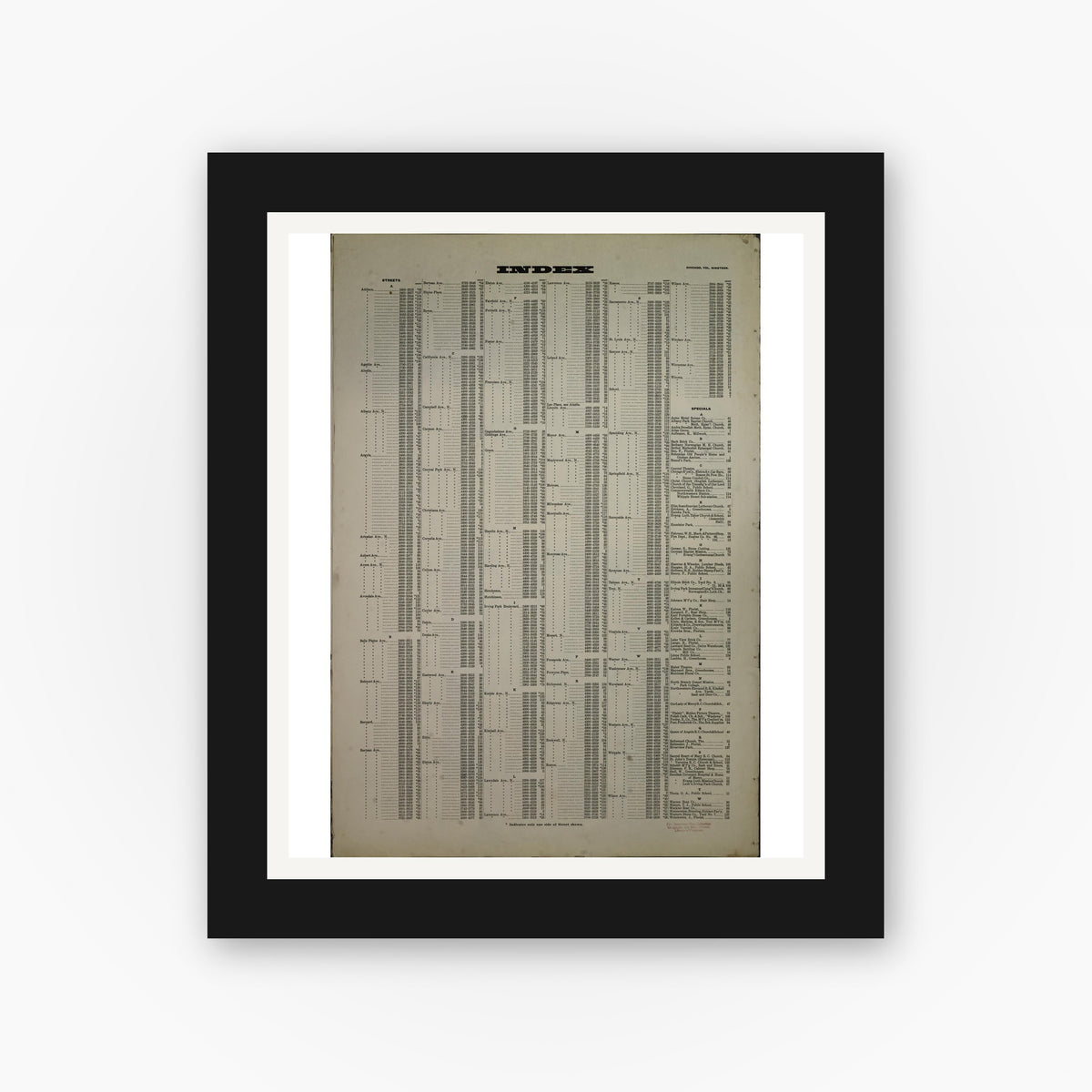 Old map wall art mockup — black gallery frame with white mat — Sanborn Fire Insurance Map from Chicago, Cook County, Illinois (1913), Sheet #0001