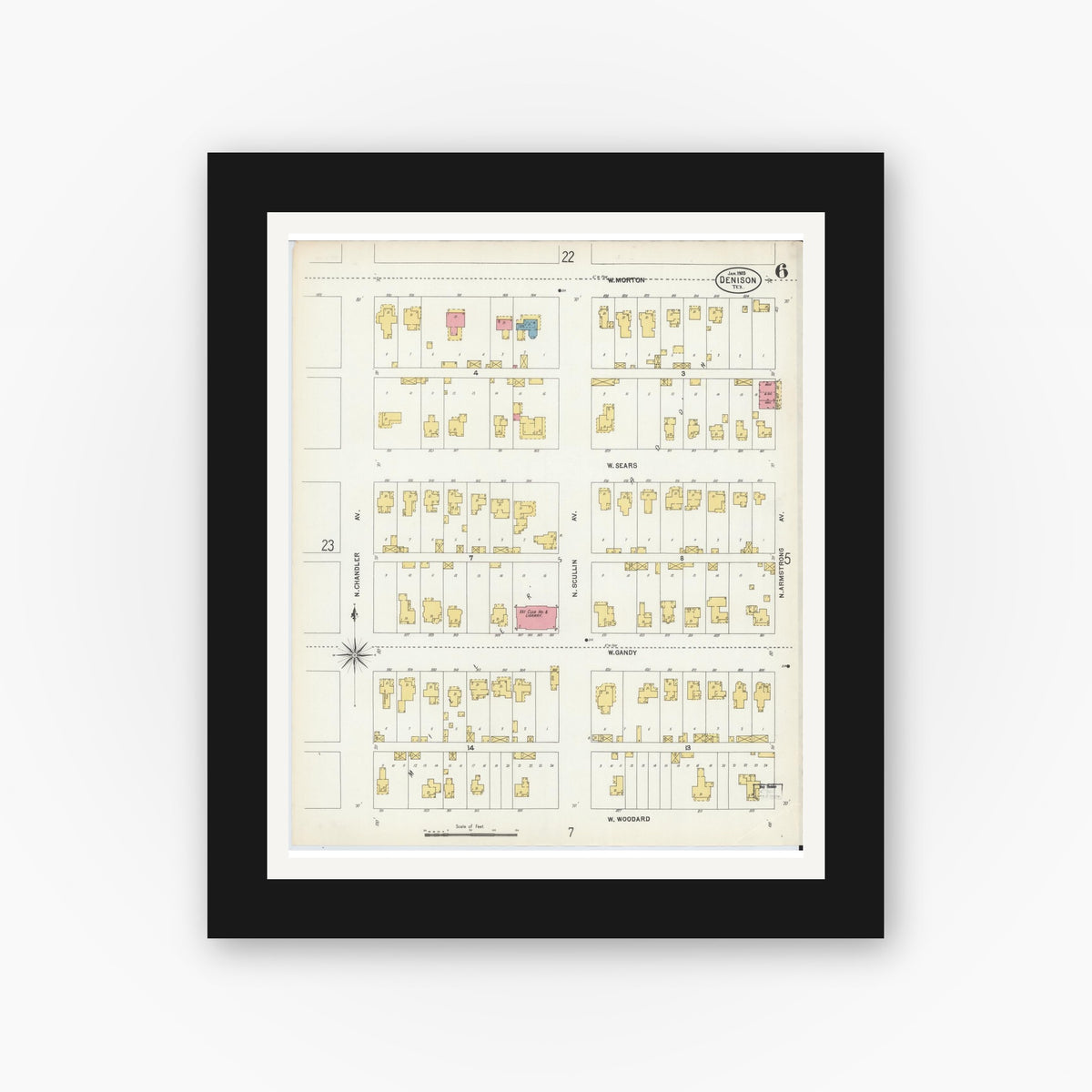 Old map wall art mockup — black gallery frame with white mat — Sanborn Fire Insurance Map from Denison, Grayson County, Texas (1903), Sheet #0006