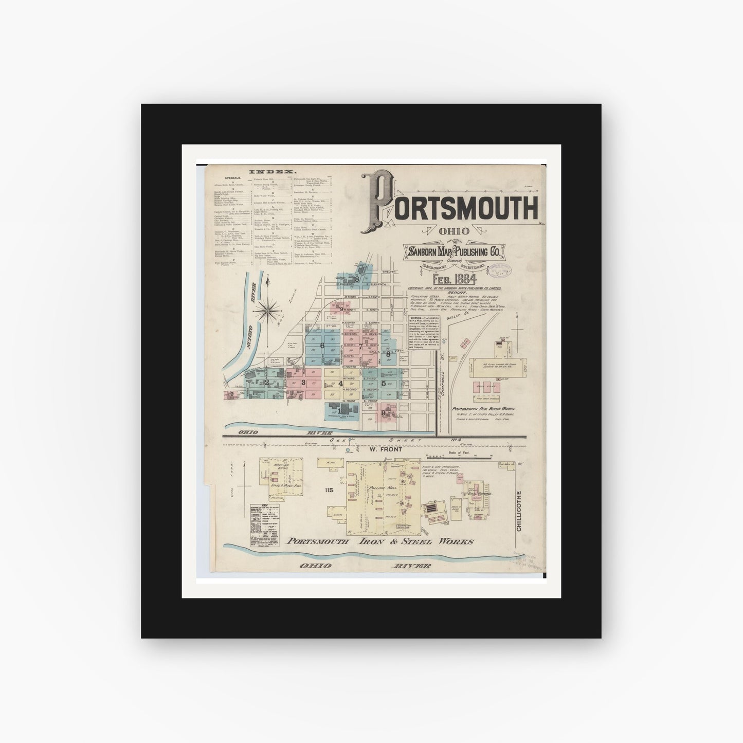 Old map wall art mockup — black gallery frame with white mat — Sanborn Fire Insurance Map from Portsmouth, Scioto County, Ohio (1884), Sheet #0001