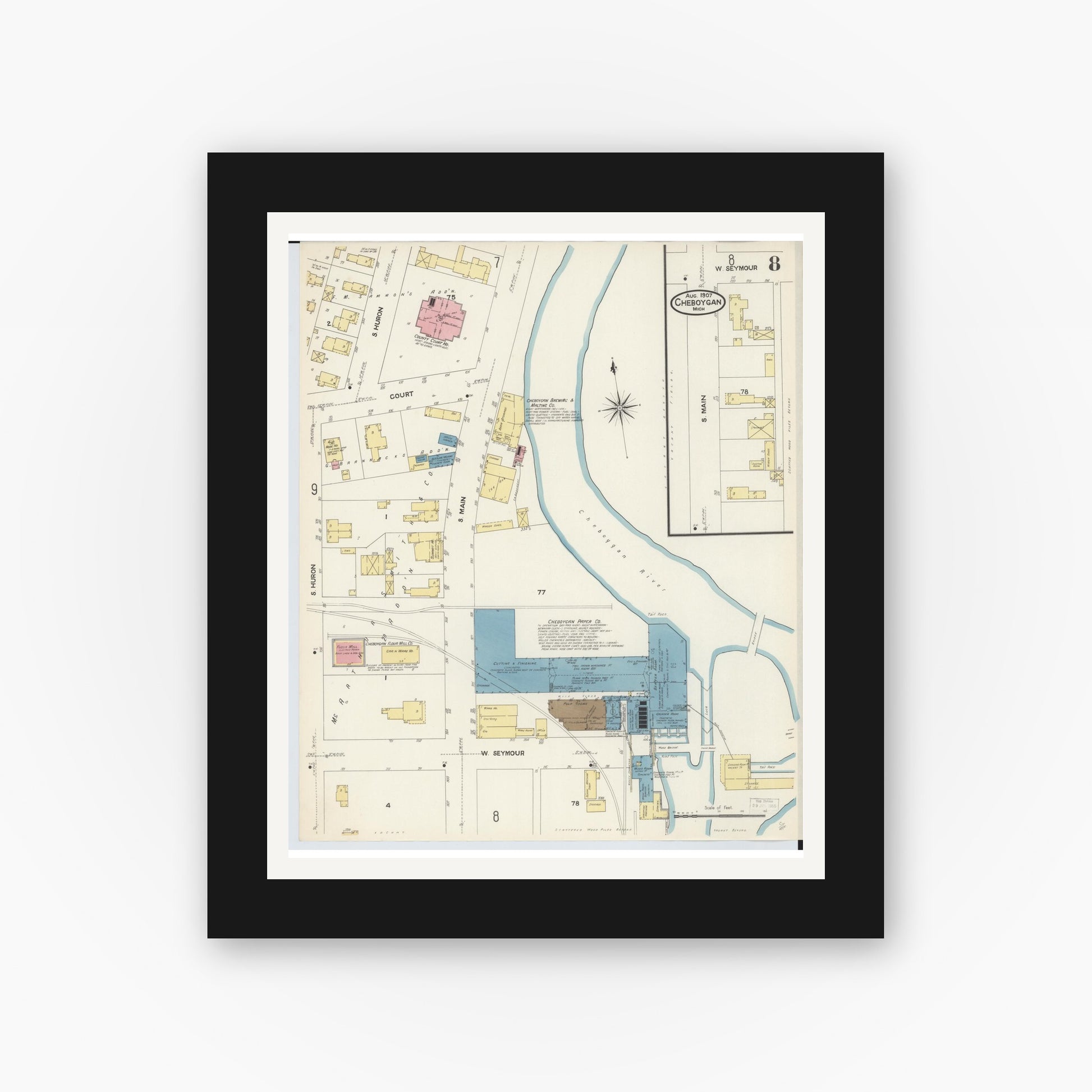 Old map wall art mockup — black gallery frame with white mat — Sanborn Fire Insurance Map from Cheboygan, Cheboygan County, Michigan (1907), Sheet #0008