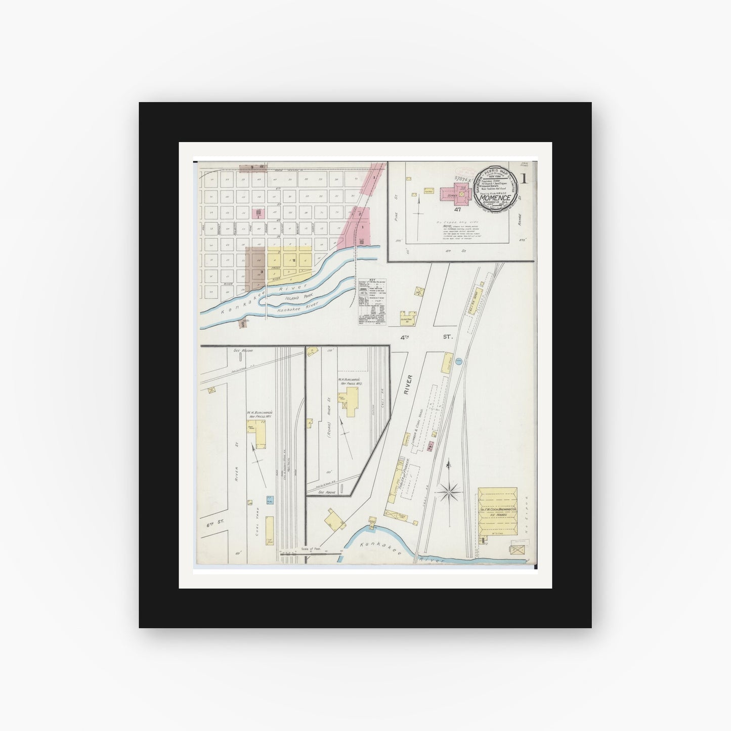 Old map wall art mockup — black gallery frame with white mat — Sanborn Fire Insurance Map from Momence, Kankakee County, Illinois (1892), Sheet #0001