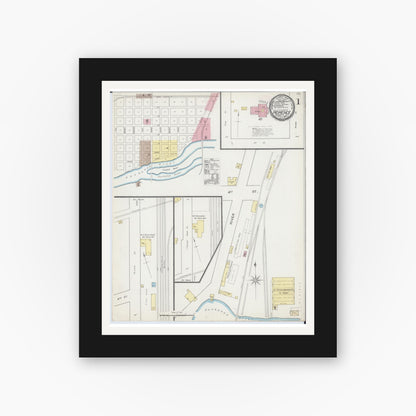 Old map wall art mockup — black gallery frame with white mat — Sanborn Fire Insurance Map from Momence, Kankakee County, Illinois (1892), Sheet #0001