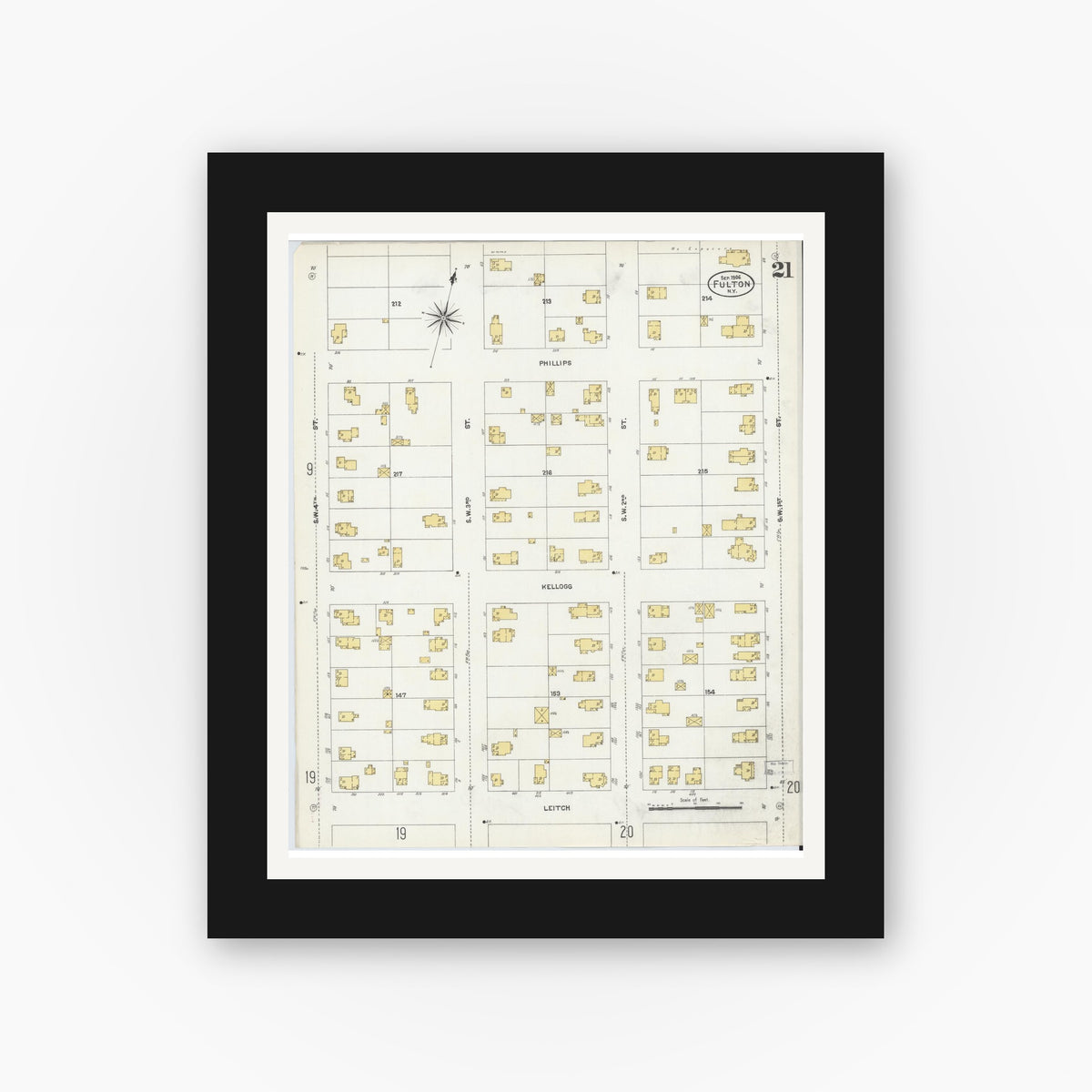 Old map wall art mockup — black gallery frame with white mat — Sanborn Fire Insurance Map from Fulton, Oswego County, New York (1906), Sheet #0021