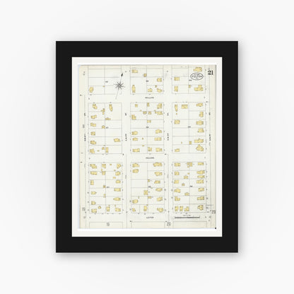 Old map wall art mockup — black gallery frame with white mat — Sanborn Fire Insurance Map from Fulton, Oswego County, New York (1906), Sheet #0021