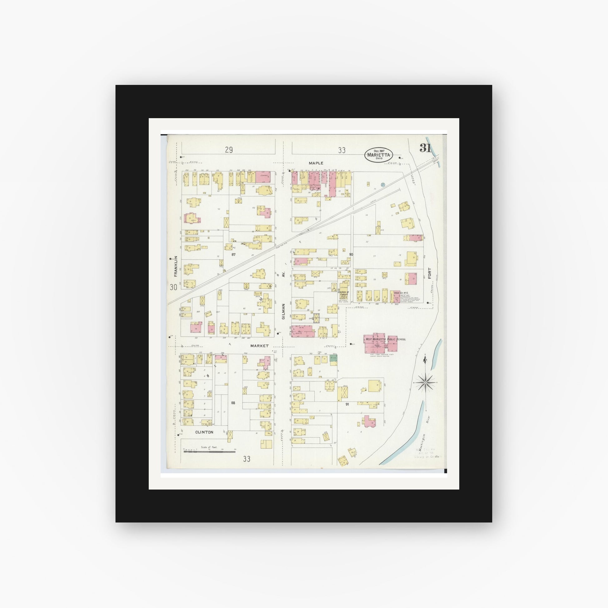 Old map wall art mockup — black gallery frame with white mat — Sanborn Fire Insurance Map from Marietta, Washington County, Ohio (1907), Sheet #0031