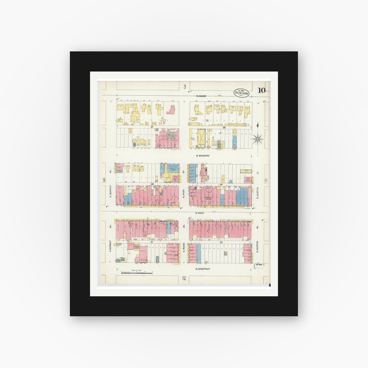 Old map wall art mockup — black gallery frame with white mat — Sanborn Fire Insurance Map from Denison, Grayson County, Texas (1903), Sheet #0010
