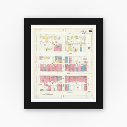 Old map wall art mockup — black gallery frame with white mat — Sanborn Fire Insurance Map from Denison, Grayson County, Texas (1903), Sheet #0010