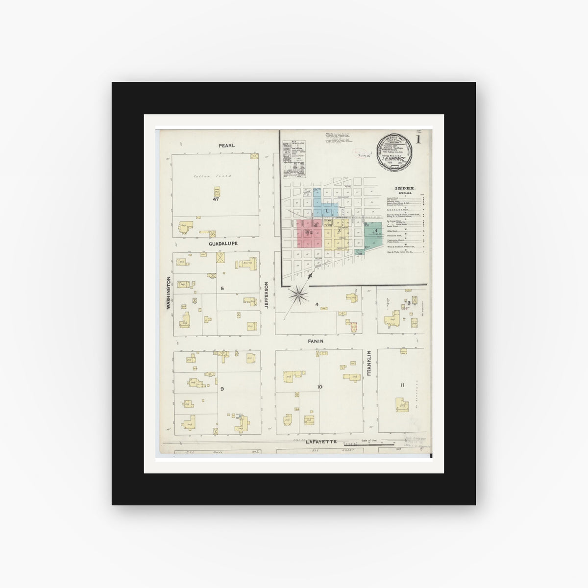 Old map wall art mockup — black gallery frame with white mat — Sanborn Fire Insurance Map from La Grange, Fayette County, Texas (1890) - Complete Map Set