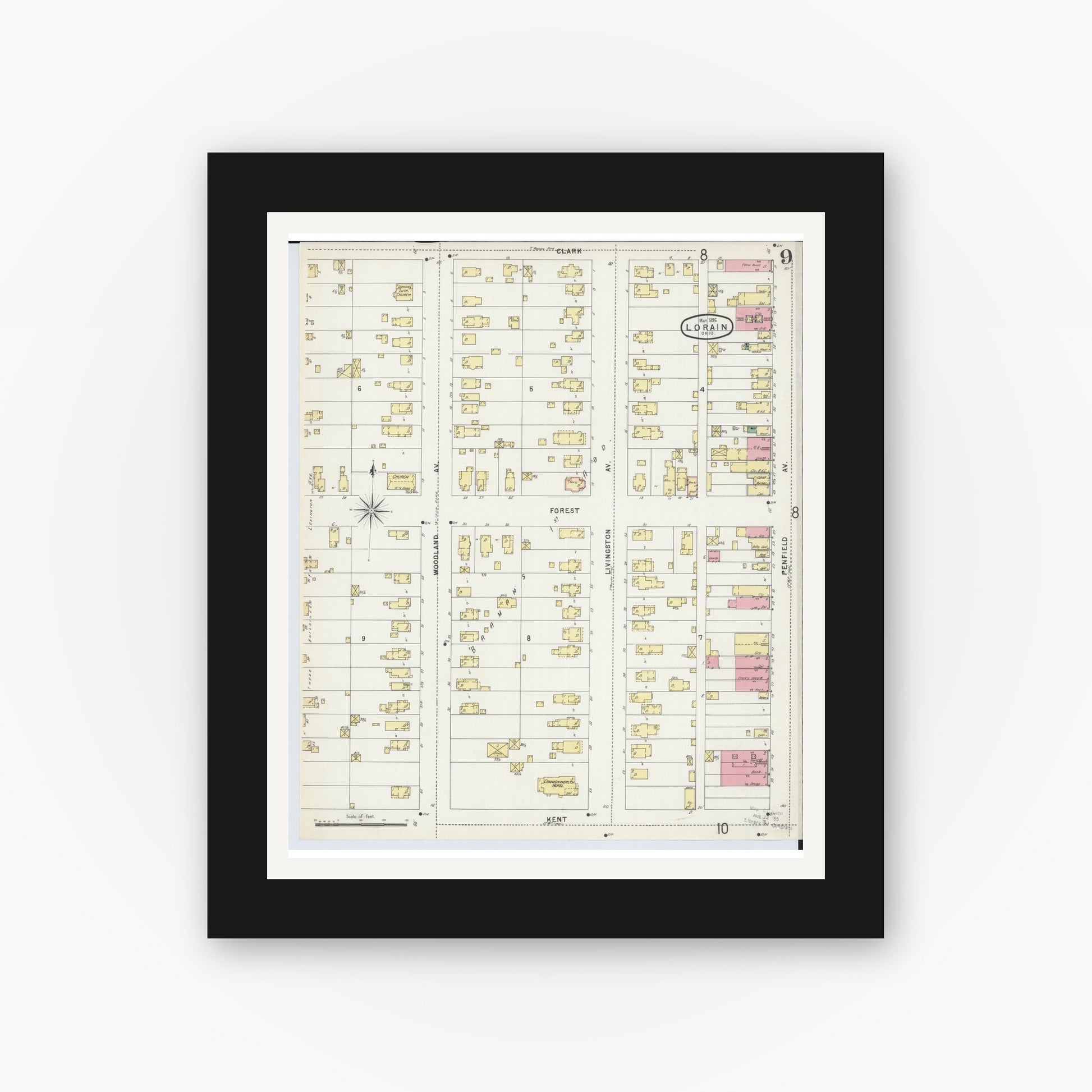 Old map wall art mockup — black gallery frame with white mat — Sanborn Fire Insurance Map from Lorain, Lorain County, Ohio (1896), Sheet #0009
